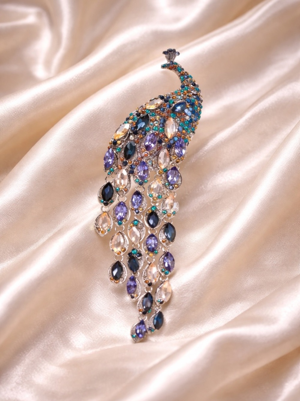 Royal Peacock Multicolor Crystal Cascade Brooch